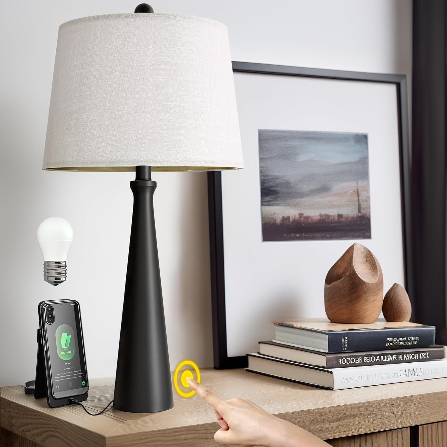 Oneach 25.75″ Table Lamps for Living Room, Bedside Lamp 3-Way Dimmable Touch Control, Modern Black Nightstand Lamp with Fabric Shade, Vintage Table Lamp for Bedroom, Bulb Included
