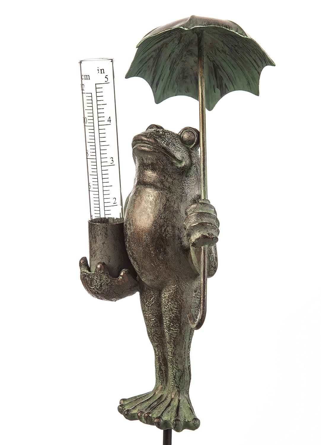 Evergreen Garden Metal Frog Statue with Umbrella Glass Rain Gauge Weather Station | Green | Garden Decor Outdoor | 18 Inches Tall | 5″ Rain Capacity Easy to Read