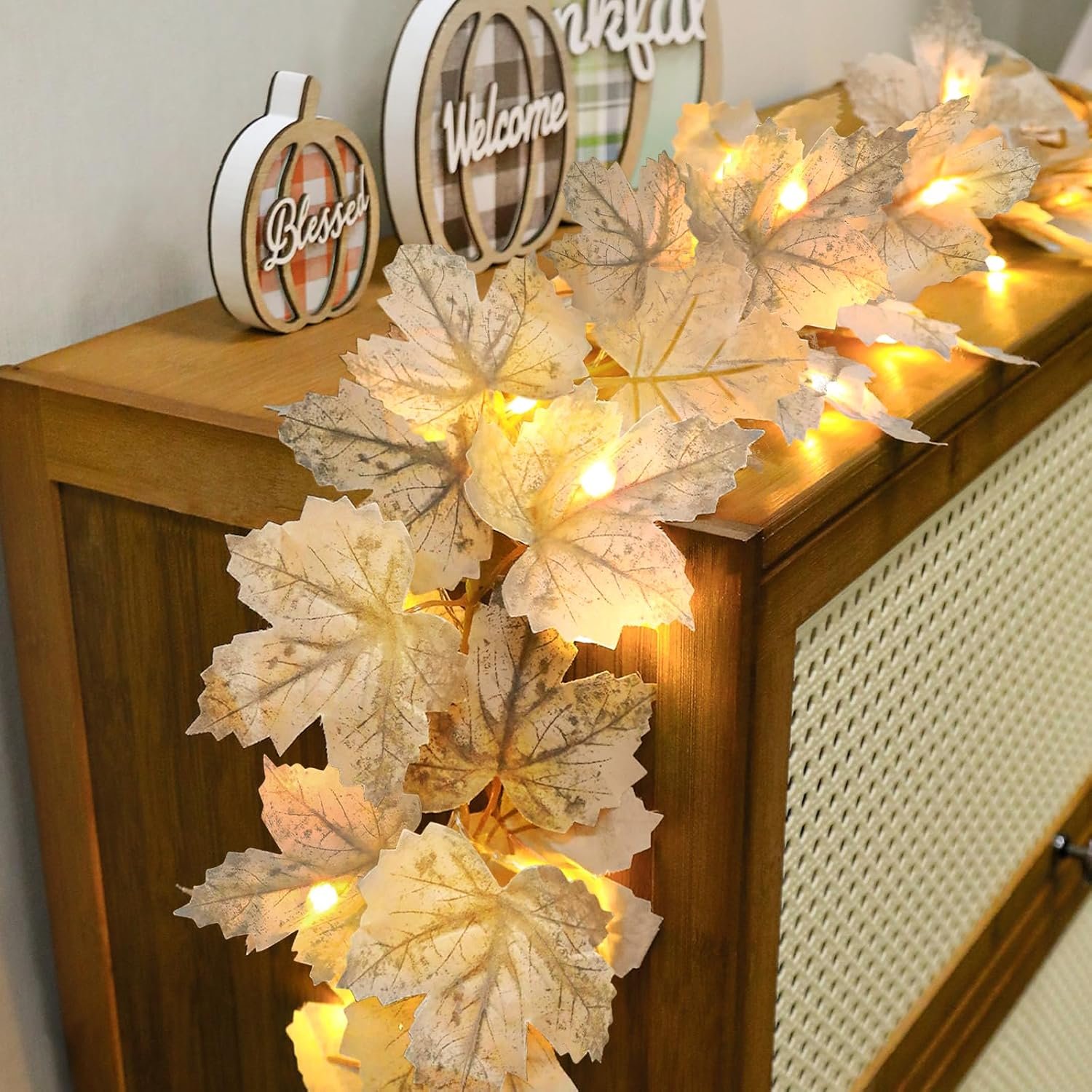 Timer – 2 Pack Fall Decor Fall Garland with Lights Fall Decorations for Home, Lighted Maples Leaves Garland Total 13Ft 40LED Battery Operated Indoor Outdoor Halloween Thanksgiving Christmas Decor