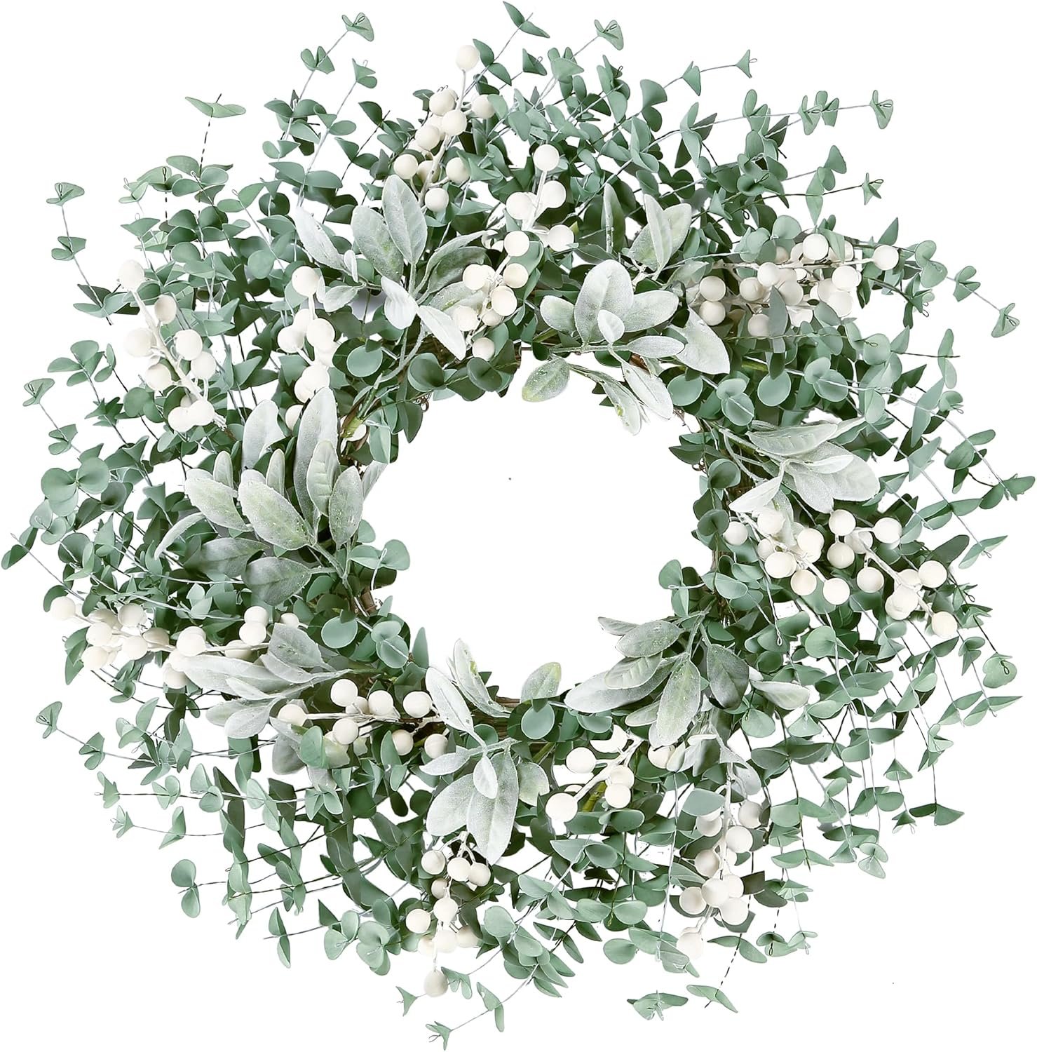 Sggvecsy Artificial Greenery Leaves Wreath for Front Door 22 Inch Greenery Boxwood Wreath with Flocked Lambs Ear White Berries for Spring Summer Farmhouse Wall Home Indoor Outdoor Decor