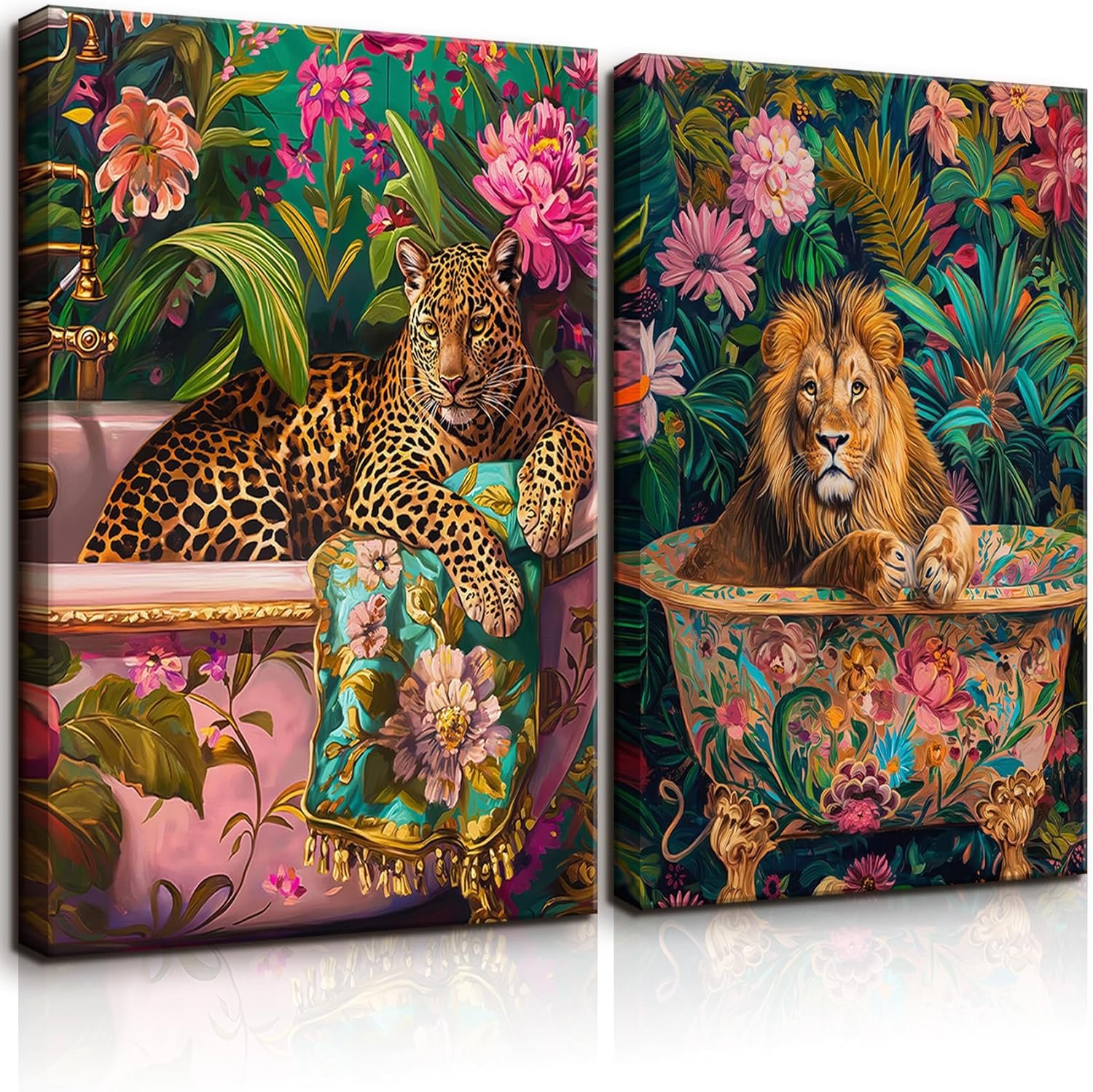 2Pcs Bathroom Leopard Wall Art Bathtub Animal Wall Decor Fun Bathroom Painting Pictures Trendy Leopard Poster Prints Suitable for Living Room Bedroom Ready to Hang (12x16in Canvas)