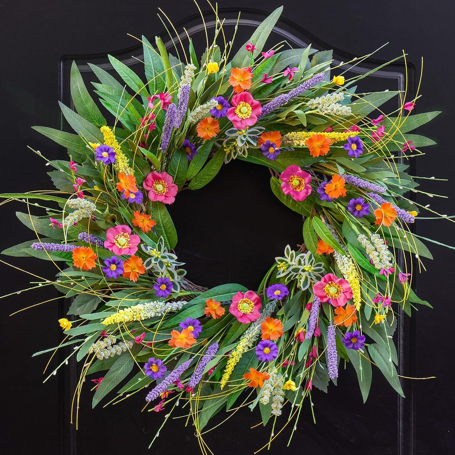 Spring Wreaths for Front Door 24 Inch – Outdoor Spring Summer Wreath with Wildflower and Green Leaves,Front Door Wreath for Farmhouse Home Porch Wall Decor