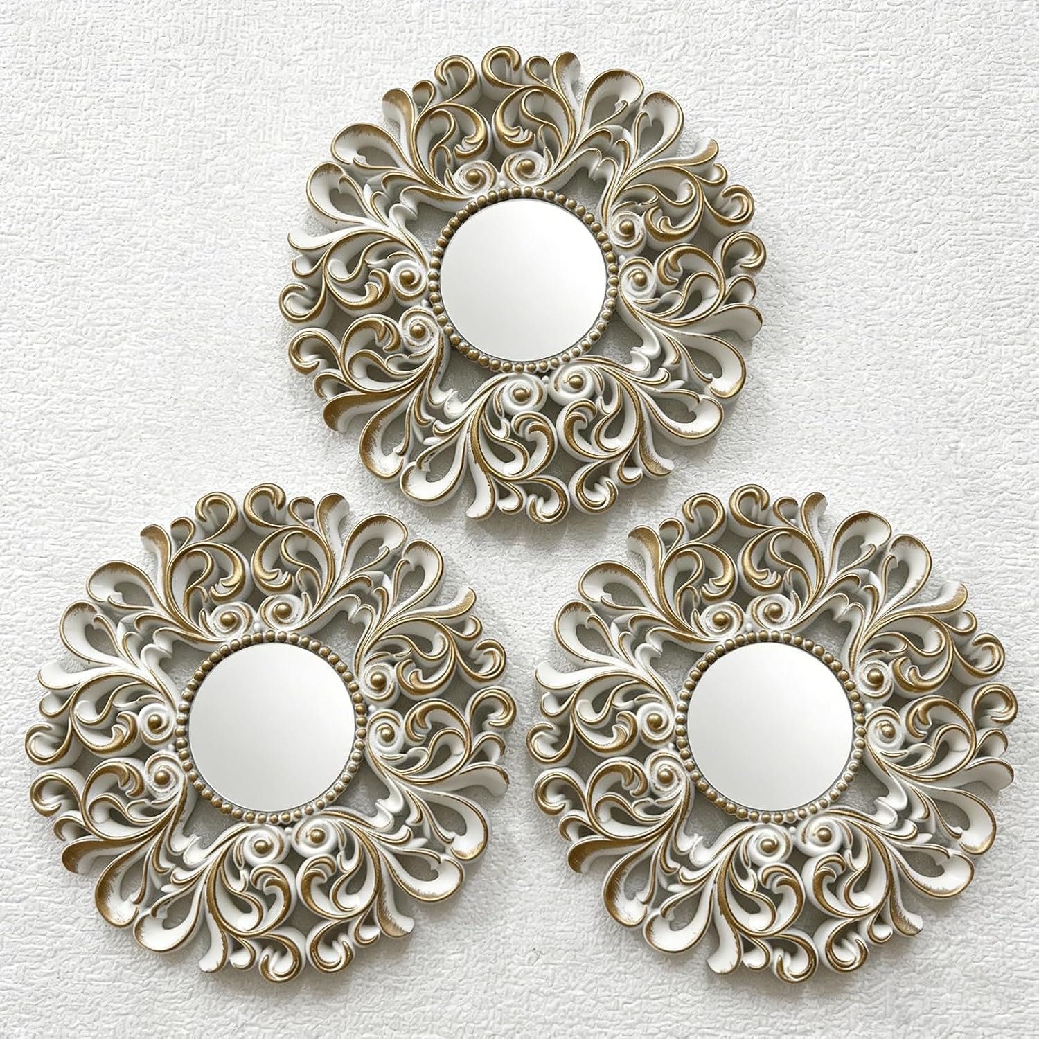 DXYAKY 3 Pack Floral Ornate Decorative Wall Mirror – Elegant White with Gold Accents, 9.8″ Plastic Round Mirror Set, Lightweight Wall Art Décor for Bedroom, Bathroom, Living Room & Entryway