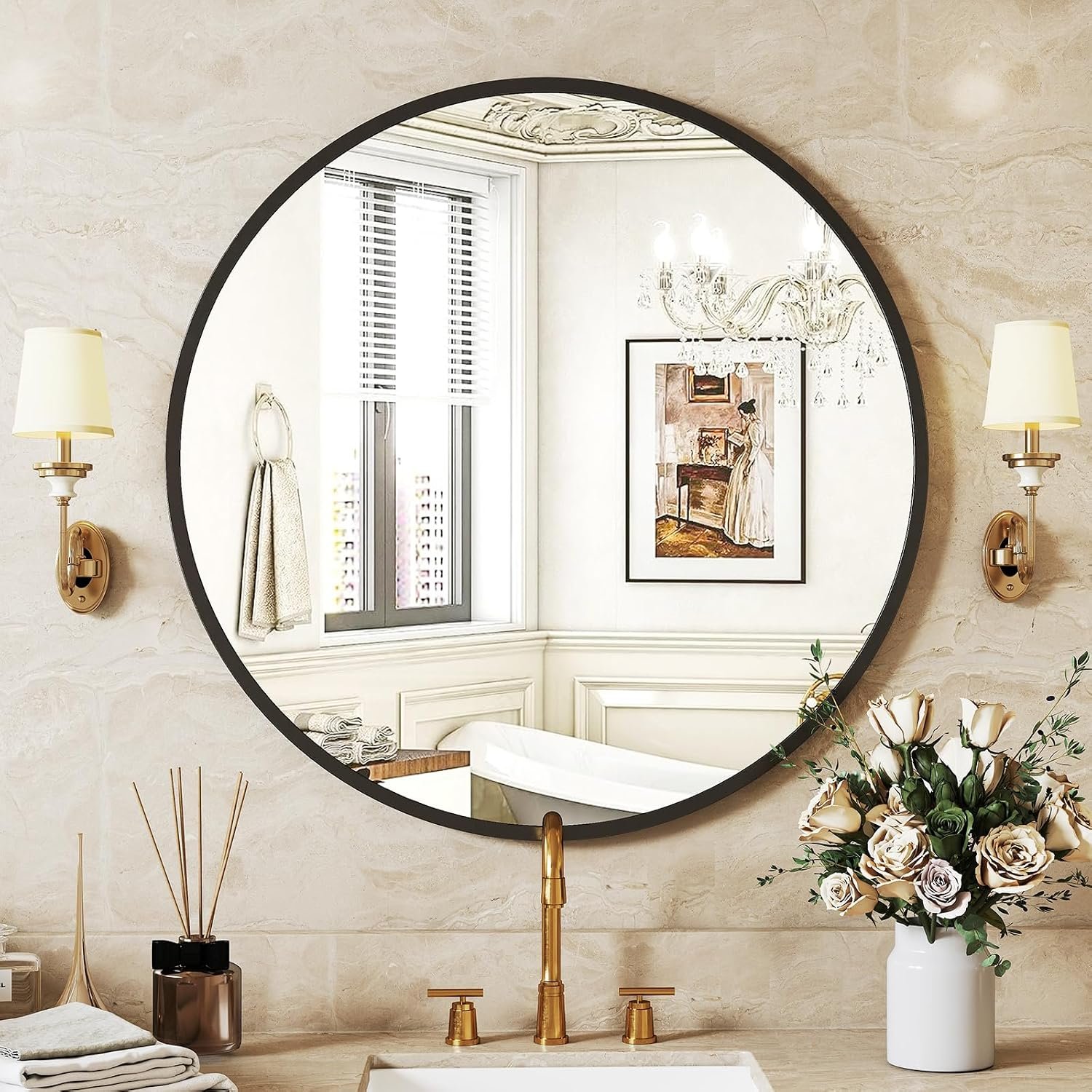 Sweetcrispy 24 Inch Round Wall Mirror with Tempered Glass, Bathroom Mirror Over Sink, Anti-Fog & Waterproof Round Mirror for Bathroom, Entryway, Bedroom, Shatterproof Design, Black