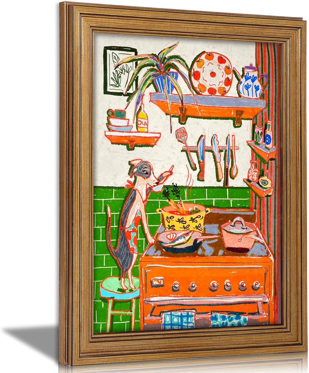 Vintage Gold Framed Animal Kitchen Wall Art Funny Dog Cooking Food Picture Wall Decor Colorful Chef Poster Rustic Farmhouse Kitchen Painting Canvas Print Artwork for Dining Room Restaurant Kids Room