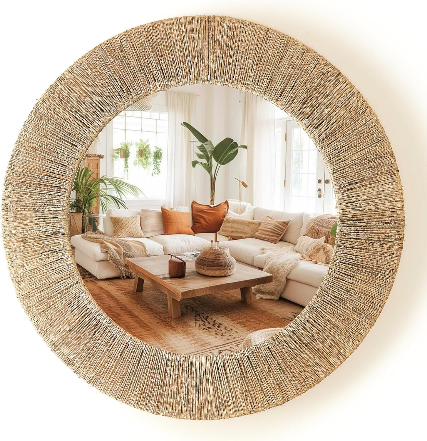 Chi An Home 24 Inch Natural Jute Mirror, Wall Mounted Round Mirror with Metal Frame, Wall Decor Rustic Farmhouse Boho Coastal Decor Accent for Bathroom, Bedroom, Living Room, or Entryway