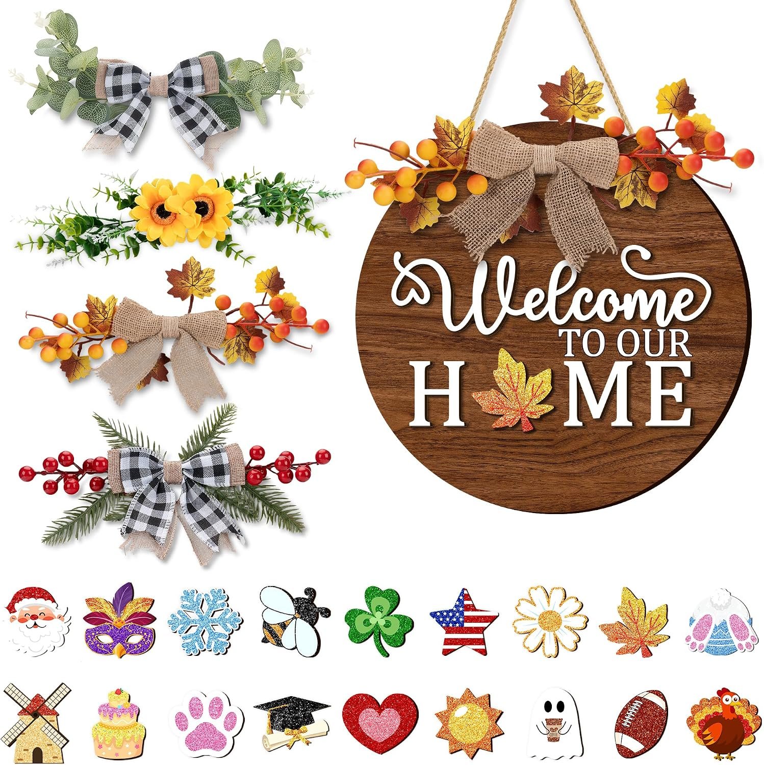 23Pcs Interchangeable Welcome Sign for Front Door Seasonal Wooden Holiday Wreaths Porch Door Decor Changeable Farmhouse Outdoor Decorations for Home Gifts All Season Outside Hanging Sign