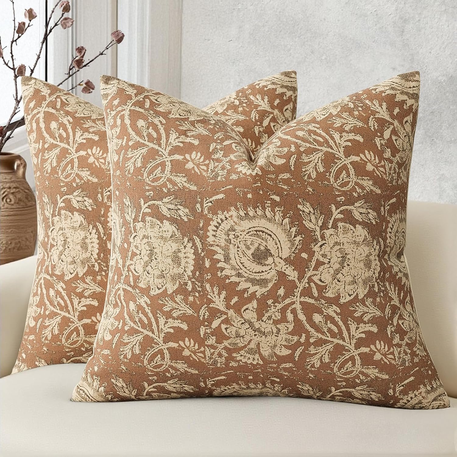 Vintage Floral Print Throw Pillow Covers 20×20 Set of 2 Neutral Modern Farmhouse Pillowcases Accent Decorative Cushion Covers Boho Home Decor for Couch Sofa Chair Bed Living Room, Cognac