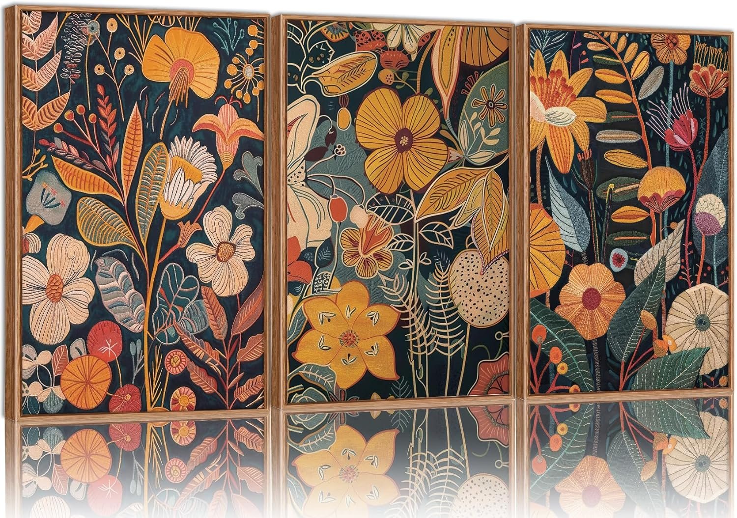 SIGNINART Orange Floral Framed Canvas Wall Art Set of 3, Mid Century Modern Flower Wall Decor, Neutral Plant Artwork, Boho Botanical Art Prints for Bedroom Living Room Office 16″x24″x3