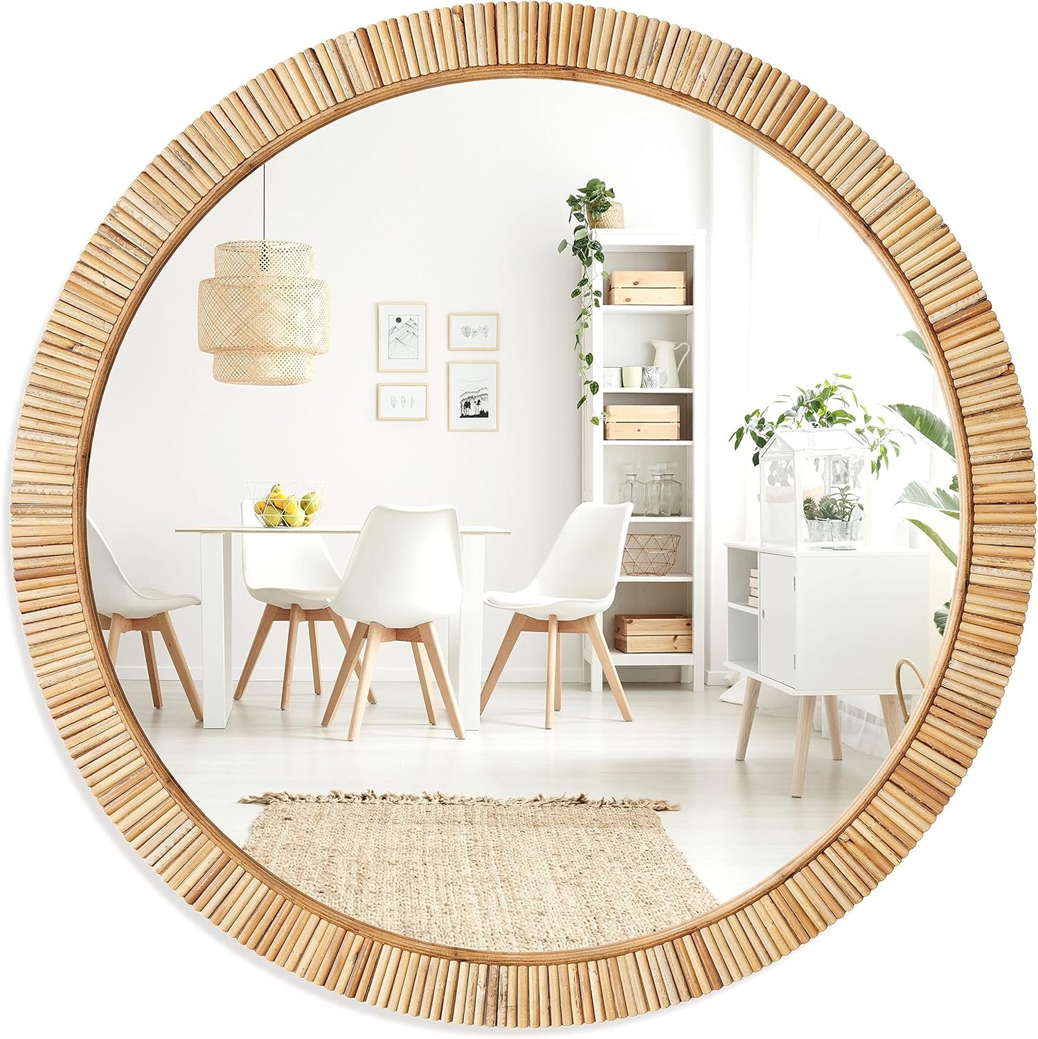 Barnyard Designs Round Rattan Wall Mirror, Natural Tan Woven Rattan Frame, Indoor Decorative Mirror for Bedroom Living Room Entryway (25.5″, Round)