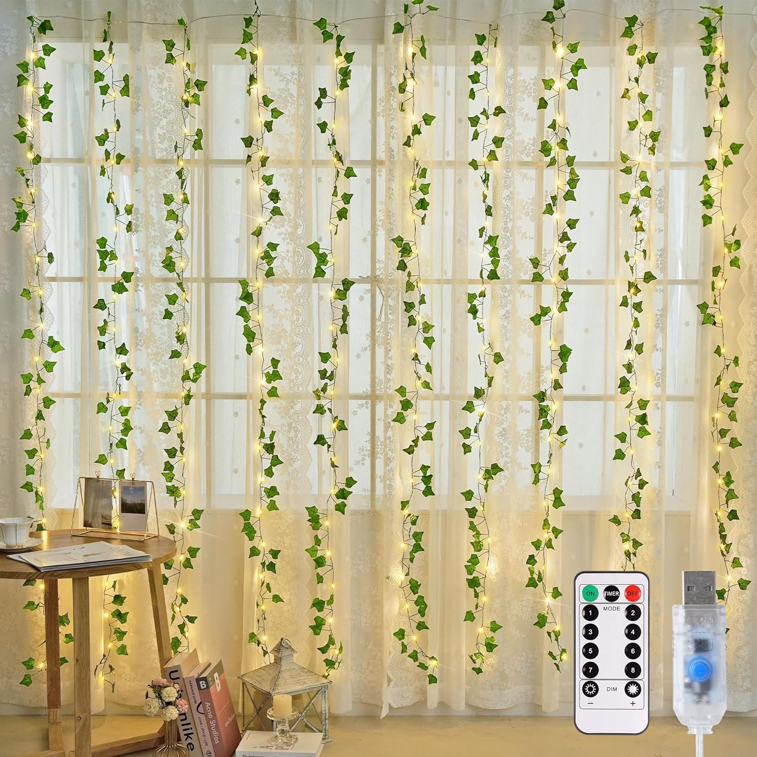 JMEXSUSS Vine Lights for Bedroom, 200 LED Vines Fairy Lights, Artificial Ivy Leaf Light for Wall Curtain Wedding Party Christmas Indoor Decor, 6.5ft x 6.5ft with Remote