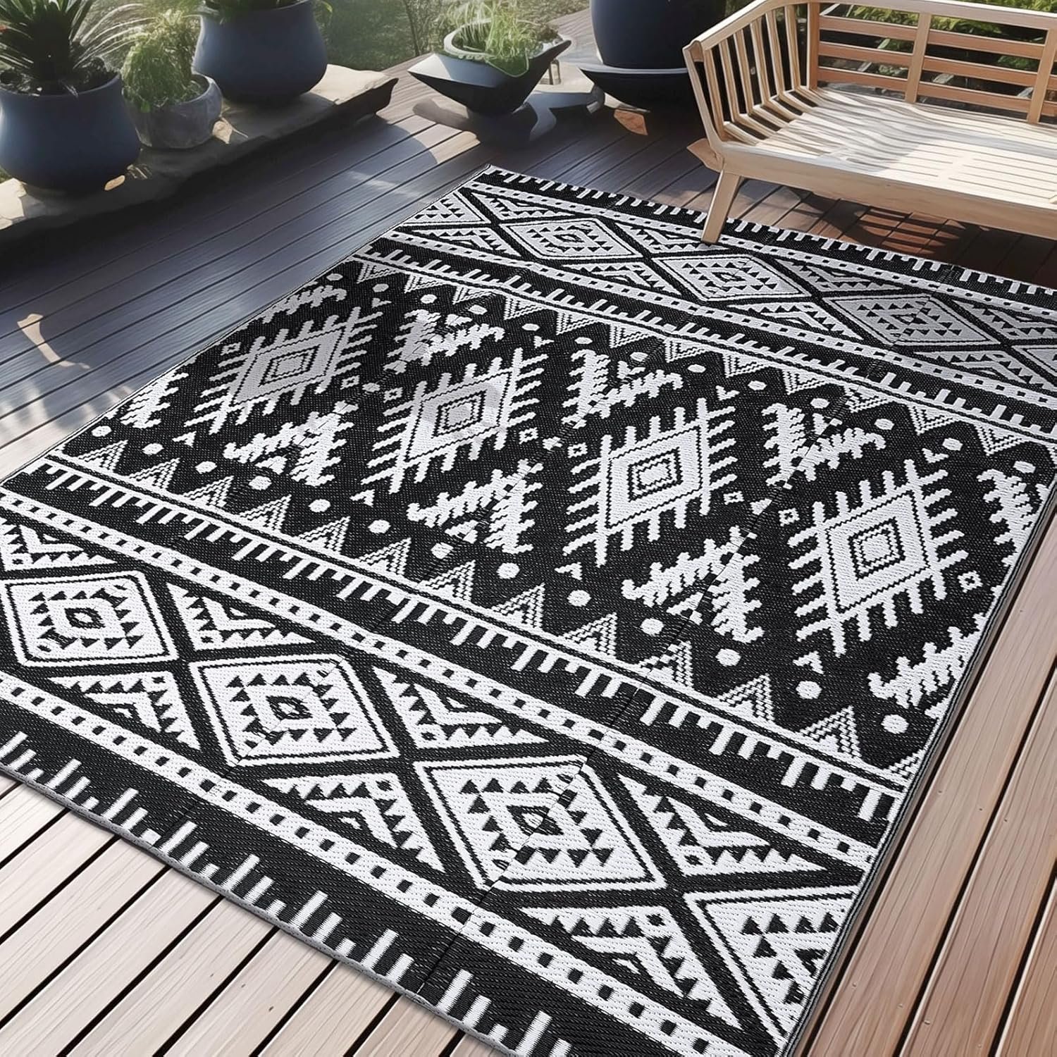 OLANLY Outdoor Rug Waterproof 5×8 ft, Reversible Outdoor Plastic Straw Rug, Boho Patio Rug, Indoor Outdoor Carpet, RV Mat Outside for Patio, Camp, Picnic, Balcony, Deck, Backyard, Black & White