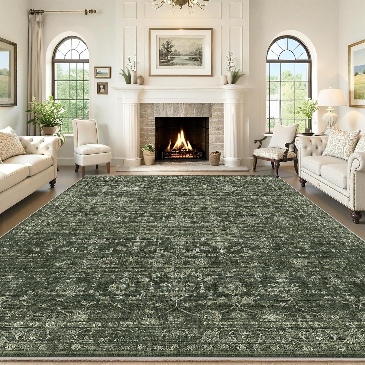 Washable Area Rug 8×10 Green Rugs for Living Room, Vintage Boho Large Rug for Bedroom Dining Room Office, Distressed Floral Print Carpet for Under Table, Soft Non Slip Low Pile Throw Carpet Indoor Mat