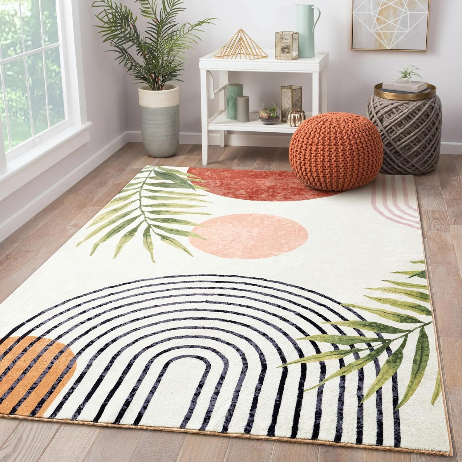 RoomTalks Mid Century Modern Washable Rug, Boho Cute Aesthetic 5×7 Area Rugs for Bedroom Dining Living Room Kitchen, Abstract Tropical Leaves Non Slip Thin Indoor Entryway Rug Accent Floor Carpet