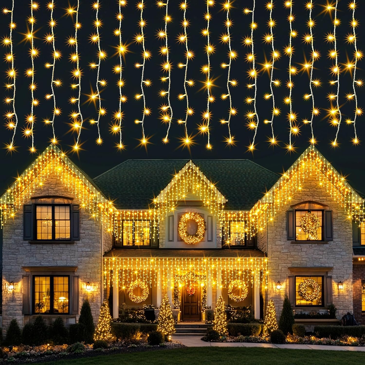 kemooie Outdoor Curtain Lights, 400 LED 26.2 x 3.3 FT Waterproof String Lights with 8 Modes, Fairy Curtain Lights for Backdrop Wedding Bedroom Balcony Party Decorations, Warm White