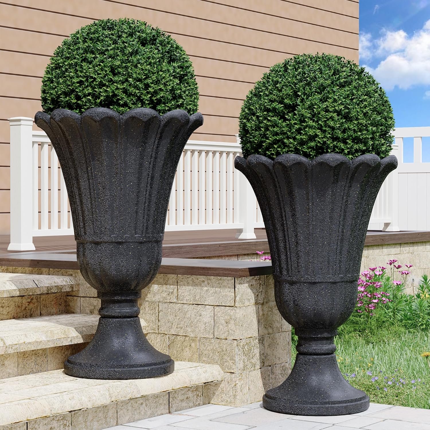 23″ Tall Planters for Outdoor Plants Set of 2, Planter with Drainage Holes and Petal Design, Large Outdoor Planters for Porch, Garden, Indoor, Black