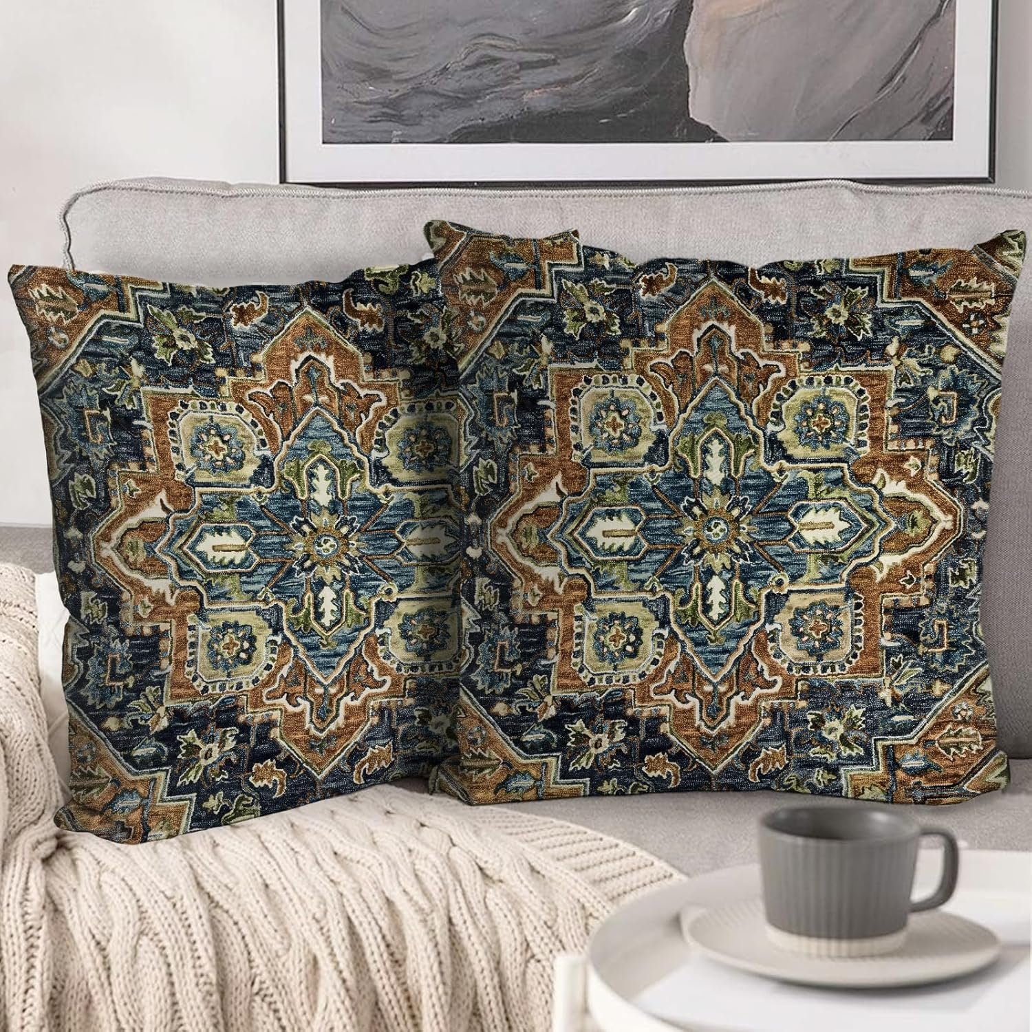 Boho Throw Pillow Covers 18×18 inch Set of 2,Bohemian Vintage Carpet Pattern Antique Ethnic Decor Double Sided Pattern Cushion Cover Soft Pillow Case Living Sofa Room Bed Square Pillow Cover