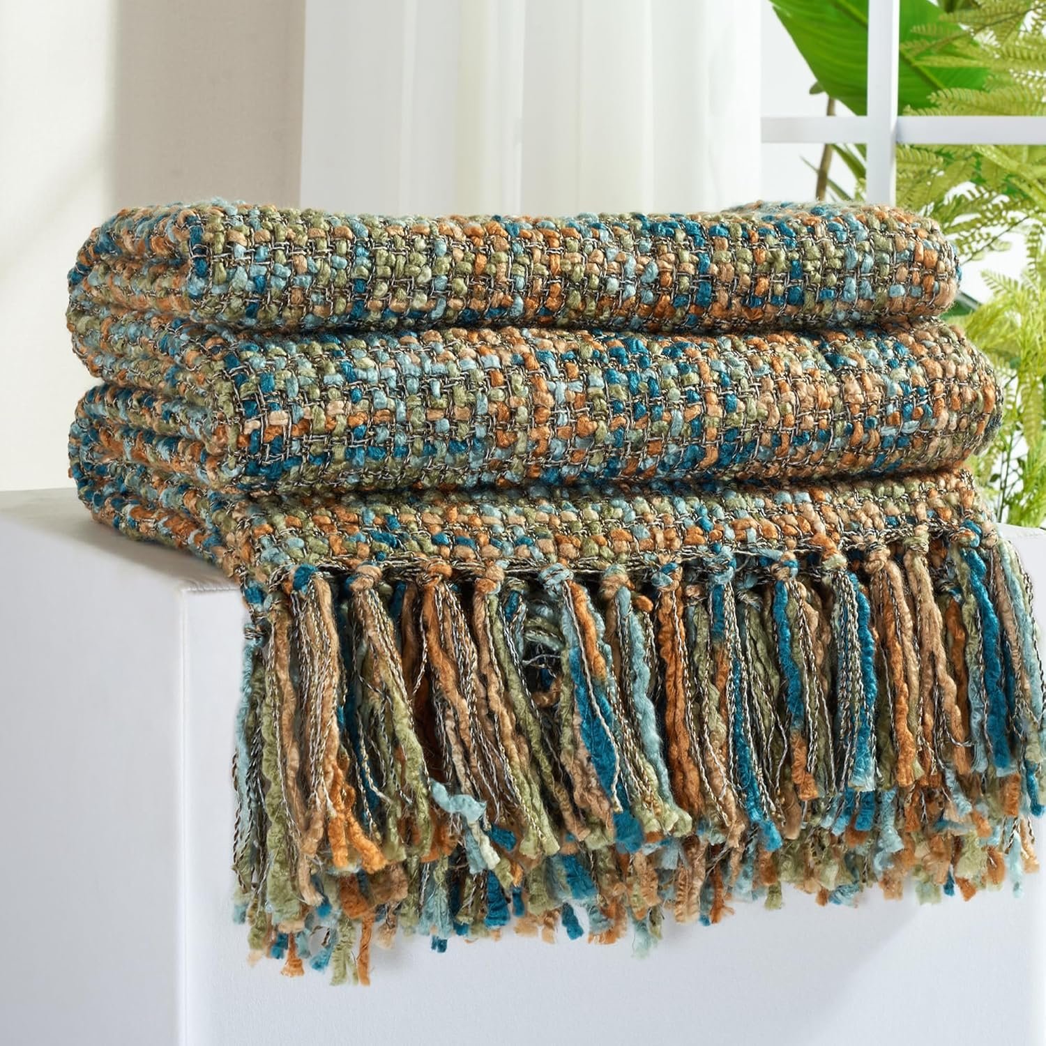 Multi-Color Gold Green Cable Woven Throw Blanket for Couch,50″X60″ Boho Style Textured Blankets for Home Decor,Super Soft Warm Cozy Chunky Blanket with Decorative Tassels for Bed