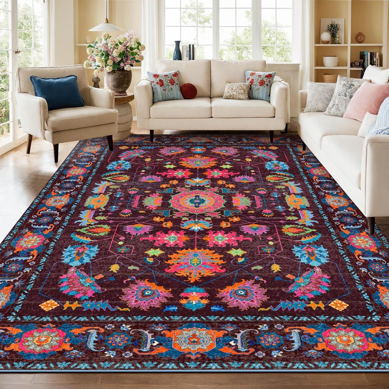 8×10 Area Rugs Living Room Washable Non Slip Low Pile Oushak Vintage Stain Resistant Soft Large Oriental Rugs for Bedroom, Dining Room, Kitchen, Indoor Leisure Rooms, Nova Burgundy Fuchsia Orange Soda