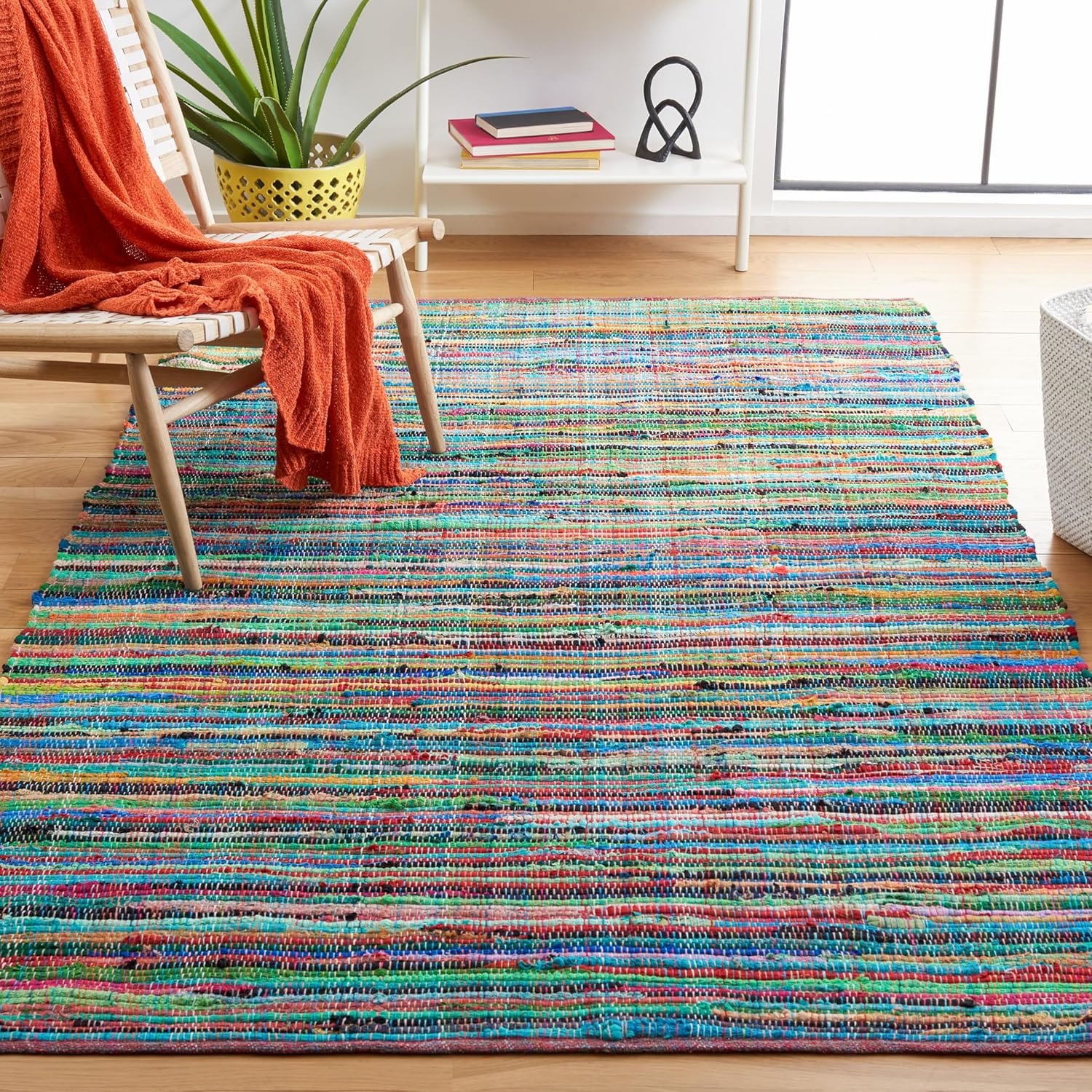 SAFAVIEH Rag Rug Collection Accent Rug – 4′ x 6′, Green & Multi, Handmade Boho Stripe Cotton, Ideal for High Traffic Areas in Entryway, Living Room, Bedroom (RAR240E)